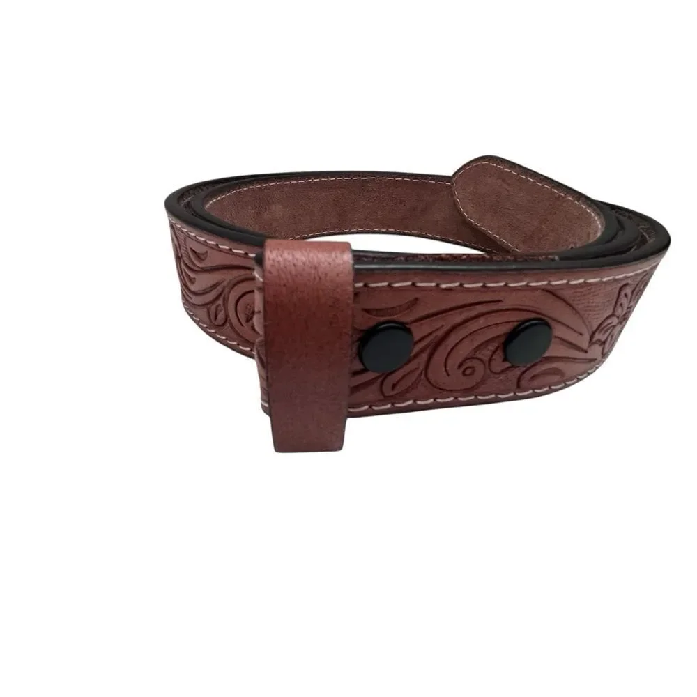 Western Floral Engraved Tooled Brown Genuine Leather Belt Strap Mens - Picture 2 of 7